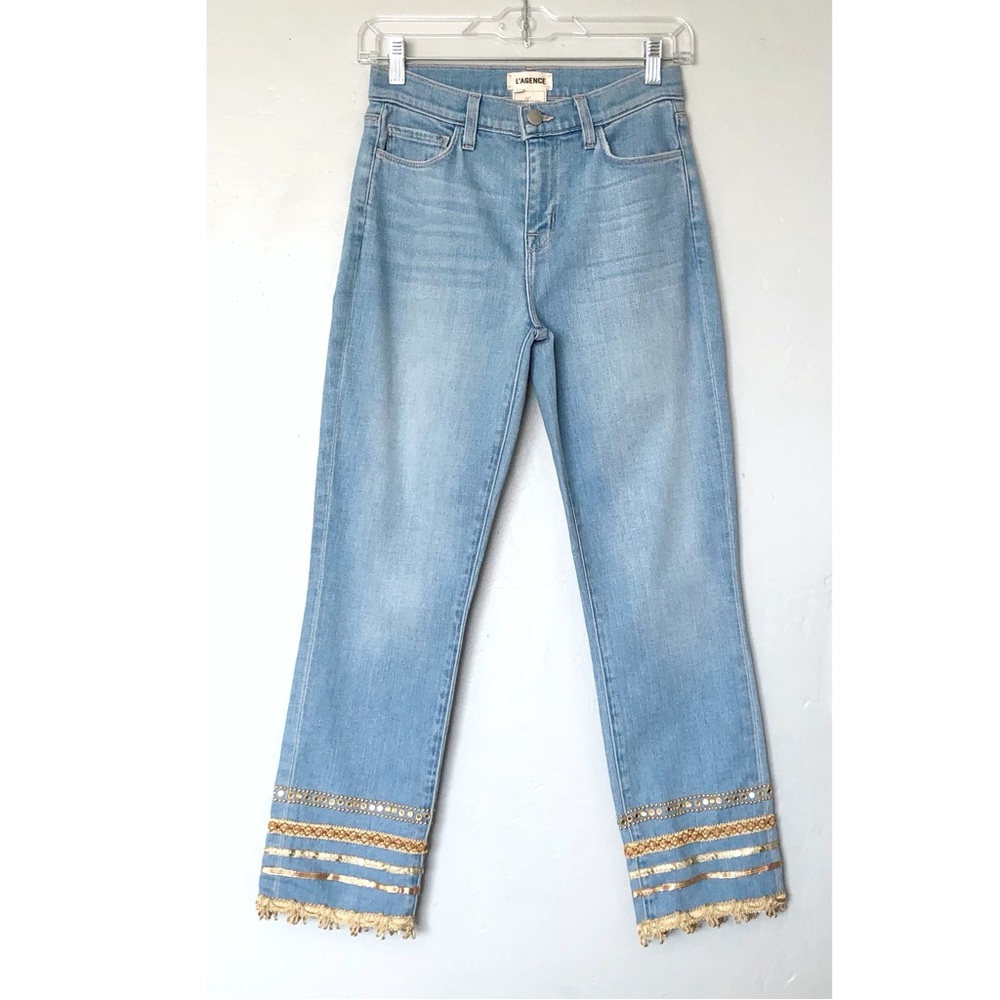 L’Agence Light Blue High Rise gold trim hem cropped Slim jeans size 25